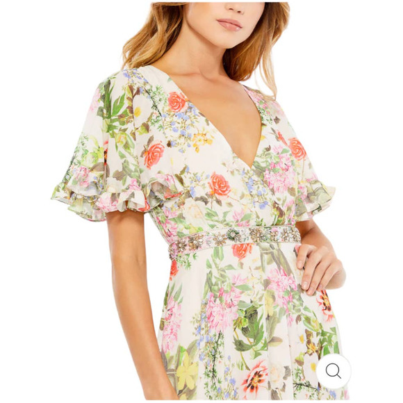 Mac Duggal NWT Floral Faux Wrap Flutter Sleeve A-line Gown Size 4 Jewel Belt - Picture 2 of 10